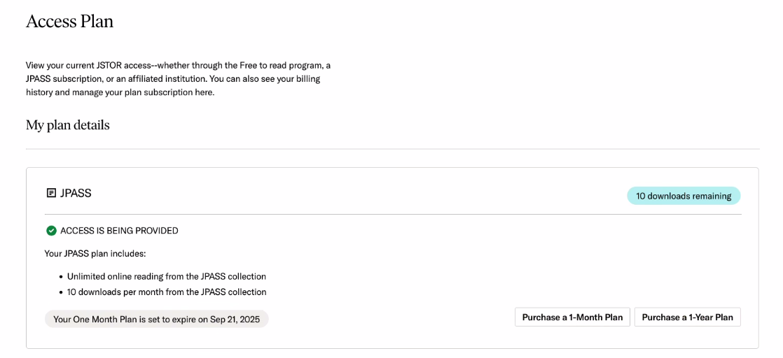 Access Plan screen under JSTOR Account information