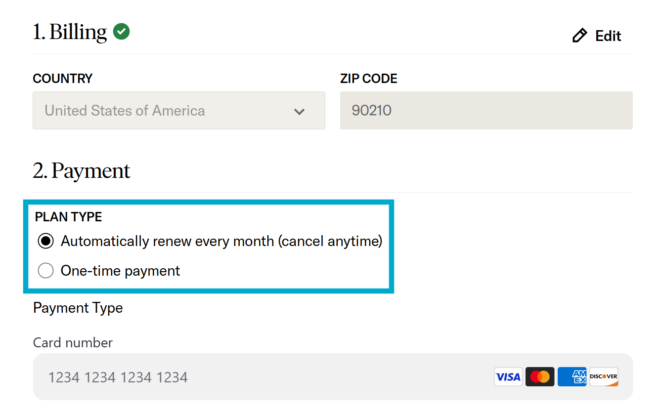 Monthly plan type options in JPASS checkout