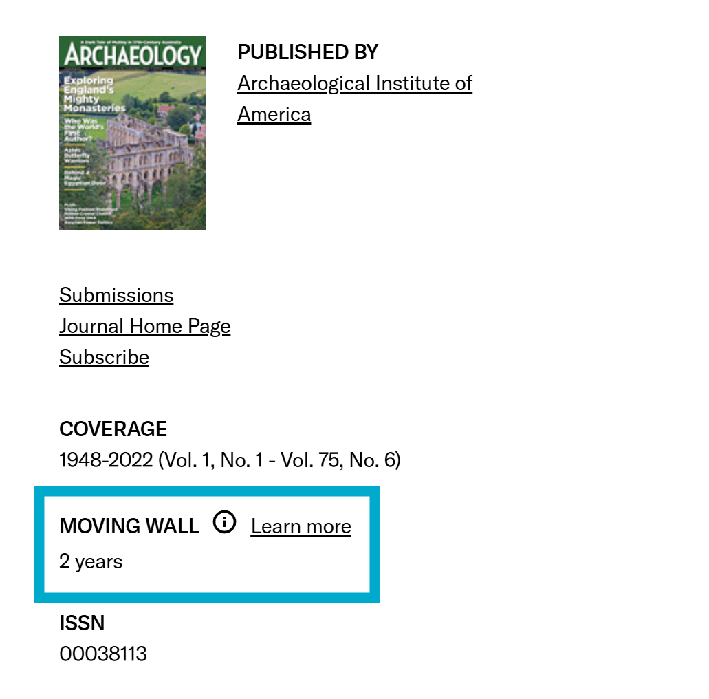 Moving wall information on a publisher journal landing page
