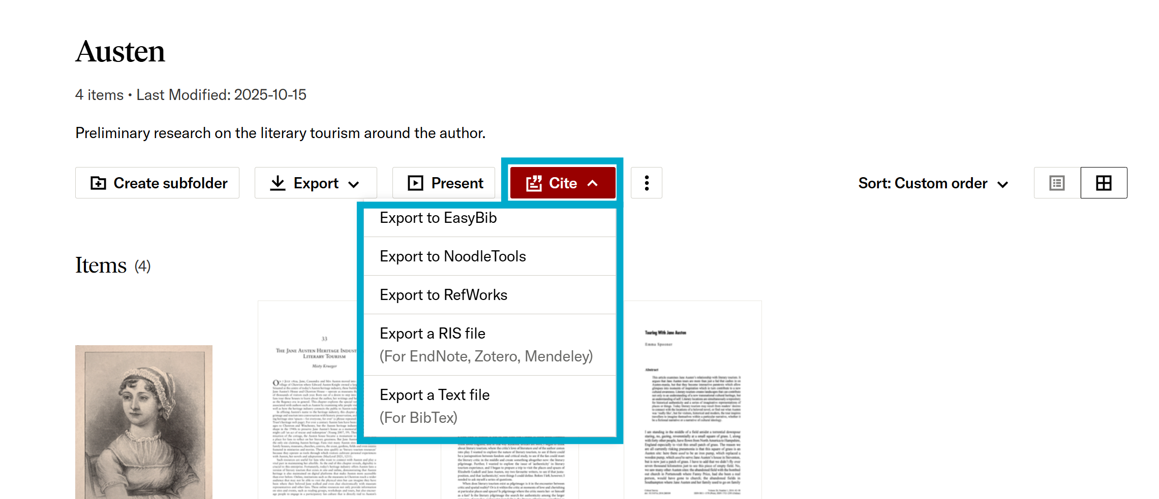 Cite dropdown menu in a Workspace folder