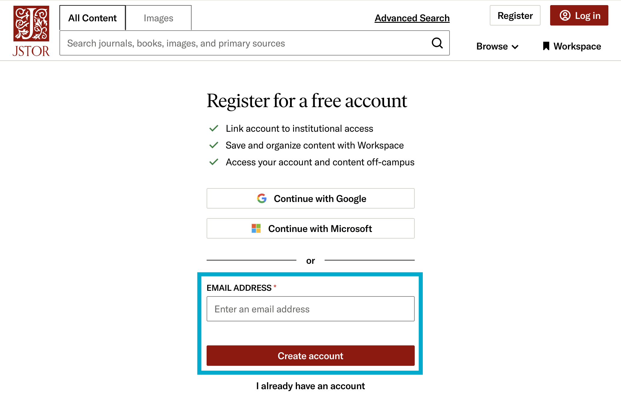 JSTOR account registration screen