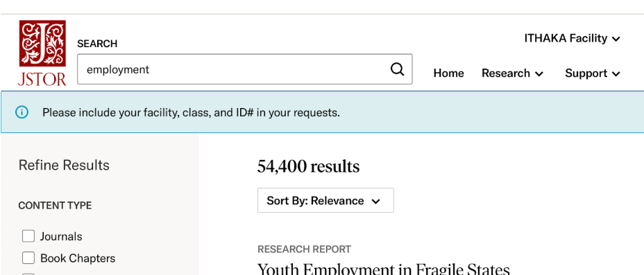 Blue informational notification banner at the top of JSTOR search results page