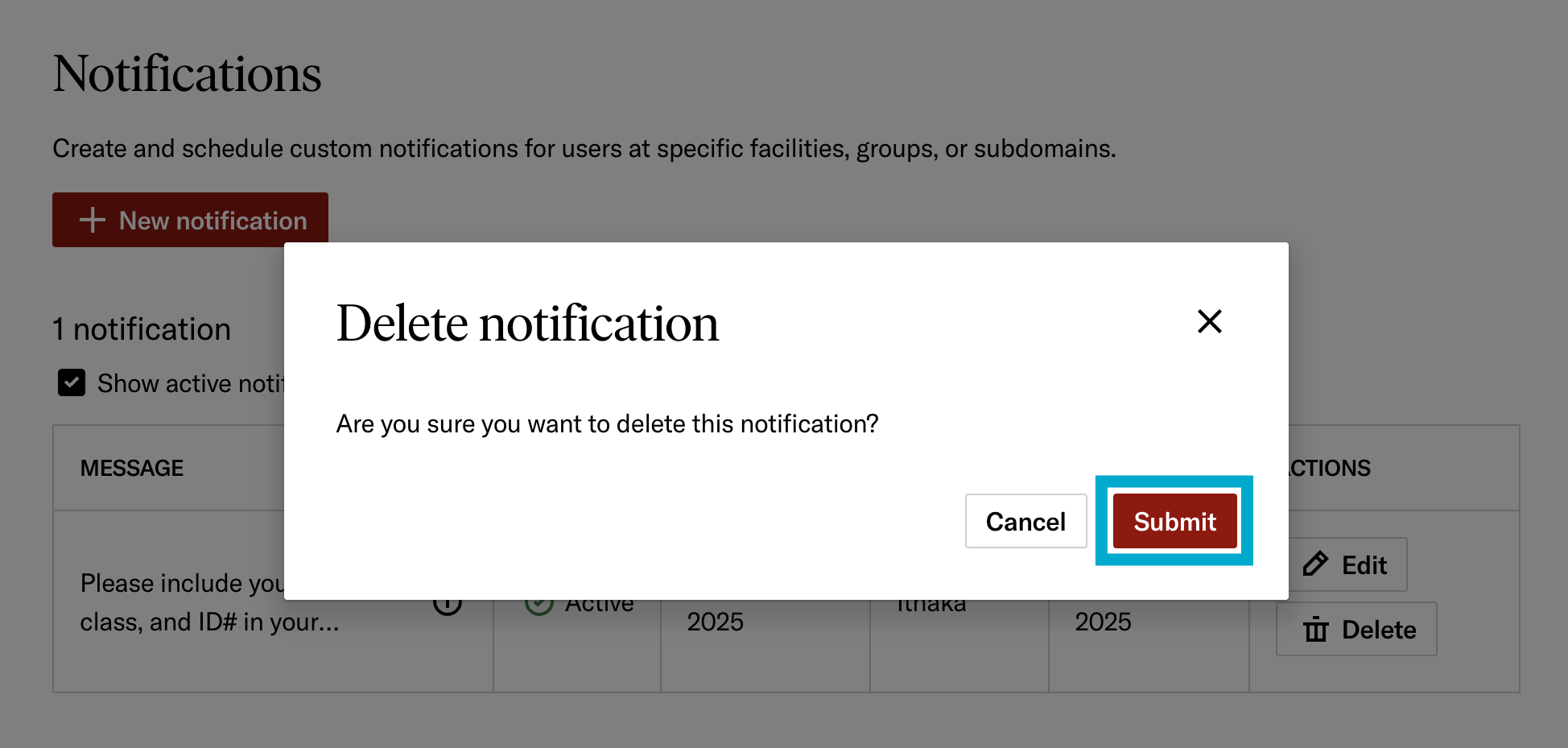 Delete notification confirmation modal