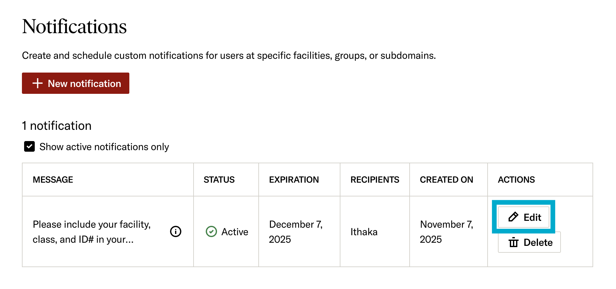 Edit button in the Notifications table